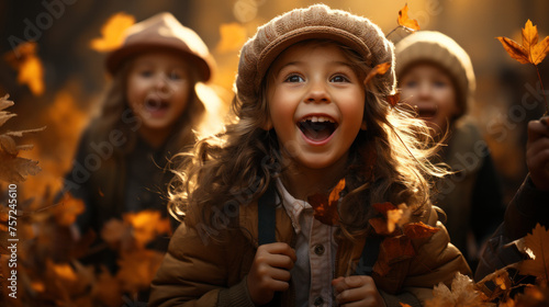 happy friends, schoolchildren having fun in autumn park among fallen leaves © PaulShlykov