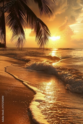 A golden sunset over the tropical beach with palm leaves. photo