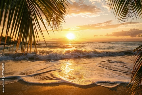 A golden sunset over the tropical beach with palm leaves.