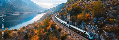 Panoramic banner header of train going on railroad through mountains © Barosanu