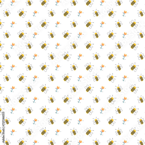 Cute Bee Seamless Pattern. Vector Illustration. 