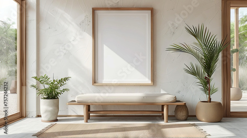 white blank wooden frame mockup, hanging on beige wall background with bench and plant pot. minimalist interior house
