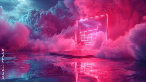 laptop displaying a virtual shopping cart filled by shopping bag symbol sits atop a abstract background, offering a moment of digital escape. internet shopping addiction photo