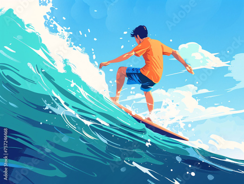 Cute and handsome Chinese people surfing in the sea in summer 
