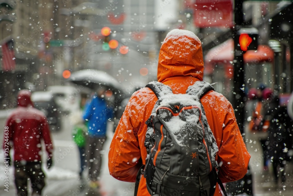 A person with an orange jacket and a backpack on his back, snow falling in the background, winter concept. A person with an orange jacket and a backpack on his back, snow falling in the background, winter concept.