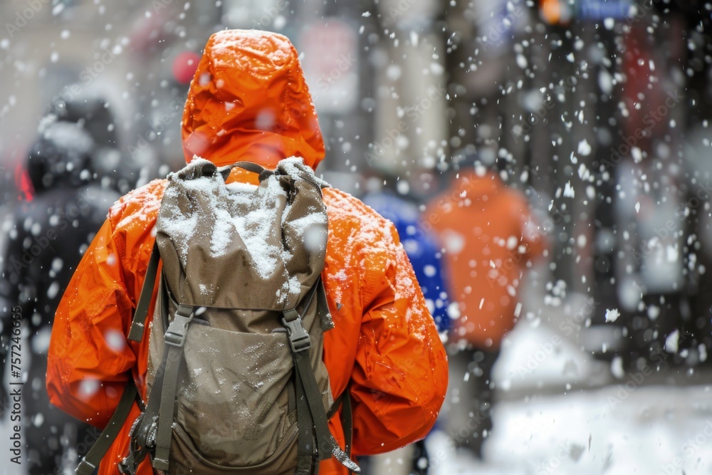 A person with an orange jacket and a backpack on his back, snow falling in the background, winter concept. A person with an orange jacket and a backpack on his back, snow falling in the background, winter concept.
