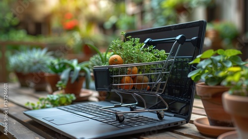 laptop with a shopping cart icon on the keyboard is placed on a garden chair, as shoppers browse and add items to their carts in the tranquil outdoor setting