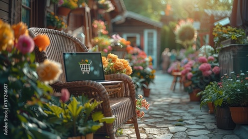 laptop with a shopping cart icon on the keyboard is placed on a garden chair, as shoppers browse and add items to their carts in the tranquil outdoor setting photo
