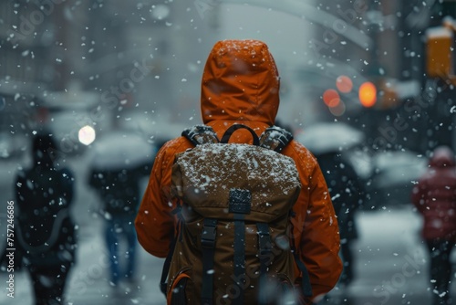 A person with an orange jacket and a backpack on his back, snow falling in the background, winter concept.