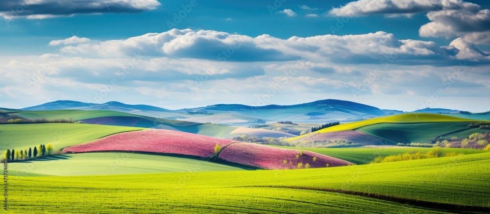 A picturesque natural landscape featuring a lush green field with mountains in the background, a blue sky with fluffy cumulus clouds, and a gentle wind painting the horizon