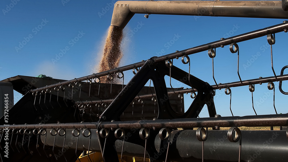 Naklejka premium Combine loading wheat grain in truck at evening. Yellow dry kernels falling from harvester auger. View on stream of freshly harvested barley pouring in trailer. Beautiful sky at background. 