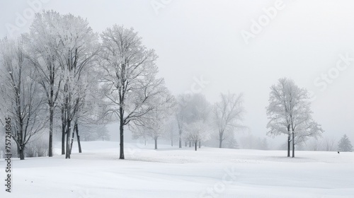 A white winter landscape with snow covered trees, snowy landscape.