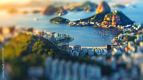 Tilt-shift photography of the Rio de Janeiro. Top view of the city in postcard style. Miniature houses, streets and buildings photo