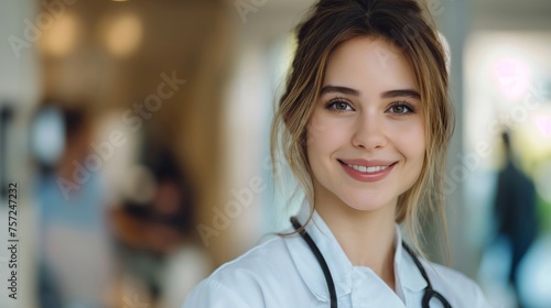 portrait of a young female doctor with blurrly hospital background.