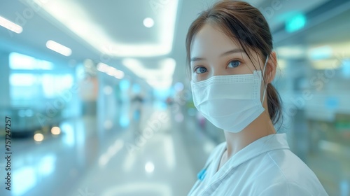 female doctor with a face mask with blurrly hospital background.