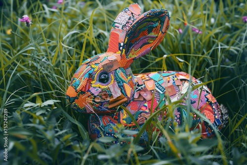 Easter bunny in colorful mosaic on the grass, Easter holiday.