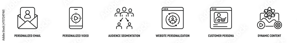 Personalized Marketing Line Icon Set, Editable Stroke. Personalized, Email, Video, Audience, Segmentation, Website, Strategy. - obrazy, fototapety, plakaty 