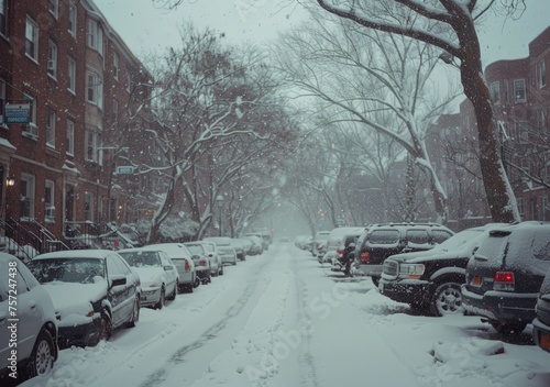 A residential street covered in snow with parked cars, winter concept.