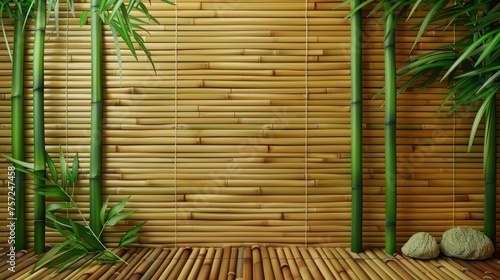 The Soothing Contrast of Vibrant Green Bamboo on a Subtle Bamboo Wall © Gasspoll