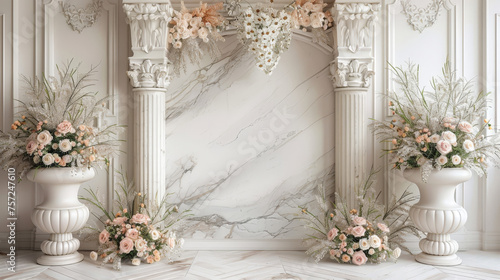 beautiful wall with arch and flowers backdrop   empty room wedding interior wall background  banner