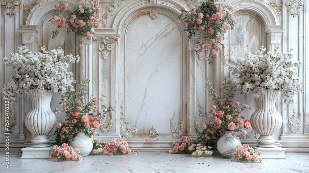 beautiful wall with arch and flowers backdrop, empty room wedding interior wall background ,banner beautiful wall with arch and flowers backdrop, empty room wedding interior wall background ,banner