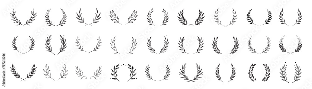 Set of black laurels frames branches. Hand drawn vector laurel leaves decorative elements Set of black laurels frames branches. Hand drawn vector laurel leaves decorative elements