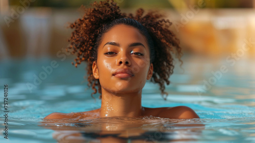 Portrait of a beautiful young african american woman in swimming pool