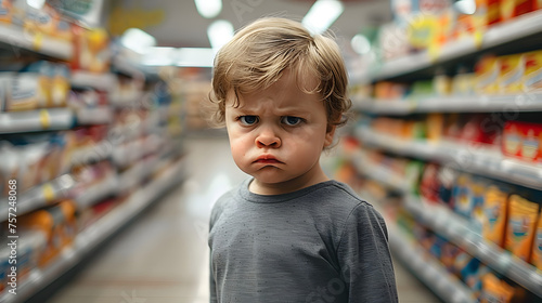 portrait of angry toddler in a supermarket, 