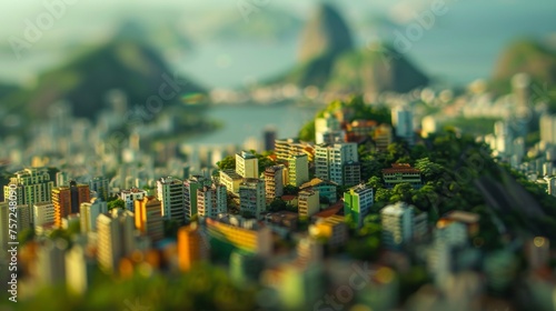 Tilt-shift photography of the Rio de Janeiro. Top view of the city in postcard style. Miniature houses, streets and buildings