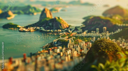 Tilt-shift photography of the Rio de Janeiro. Top view of the city in postcard style. Miniature houses, streets and buildings photo