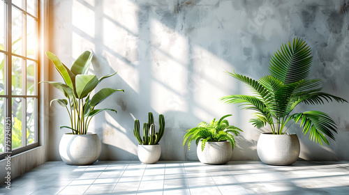Modern interior with green plants in pots and sunlight. 3D Rendering