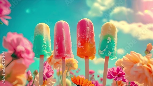 Colorful ice cream popsicles surrounded by summer flowers and with a background of moving clouds photo