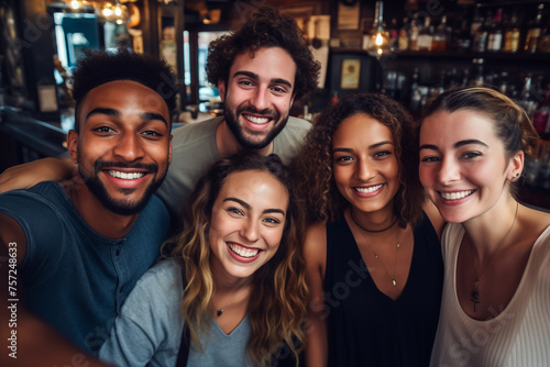 Diverse group of friend having fun in a bar, Happy and smiling friends taking selfie in a pub