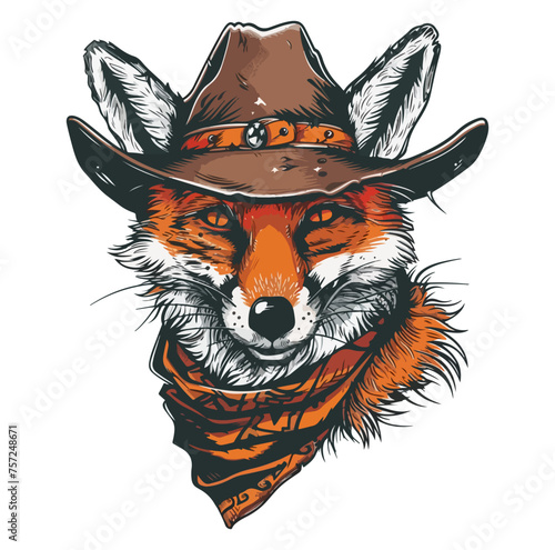 Fox Head wearing wearing cowboy hat and bandana around neck