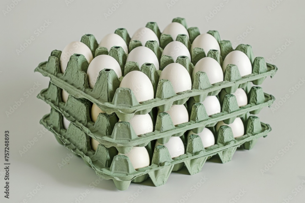 A stack of egg cartons full of white eggs.