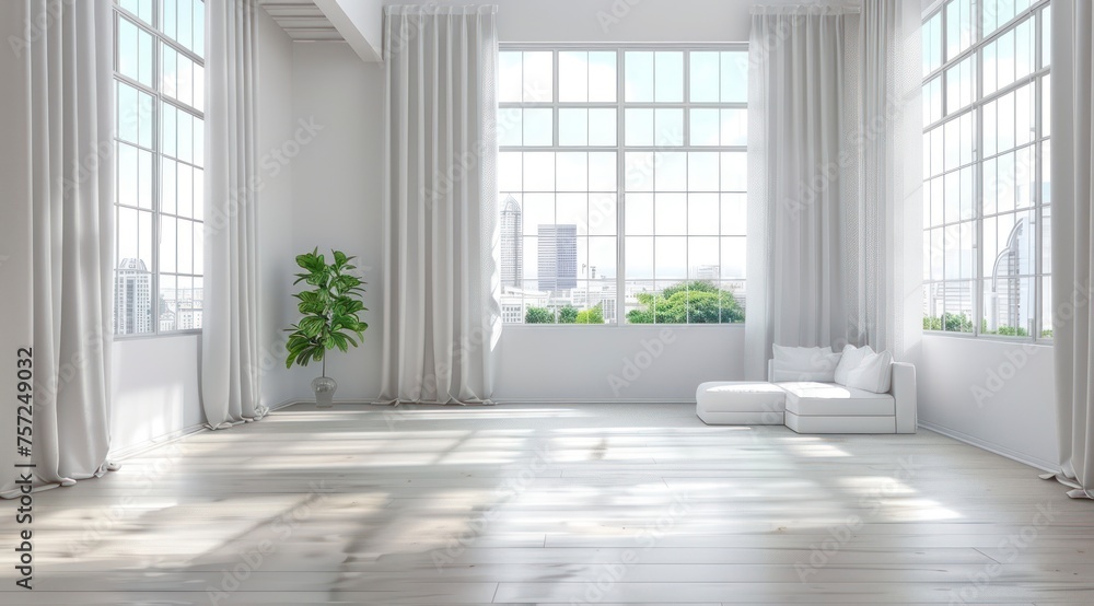 Fototapeta premium The Warmth and Welcome of a White Interior Accentuated by Natural Light Through a Large Window