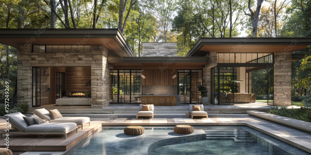 modern farmhouse outdoor patio with wood furniture, pool and forest in background
