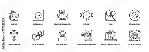 Conversational Marketing Line Icon Set, Editable Stroke. chatbot, messaging, app, conversation, analytics, live, Strategy.