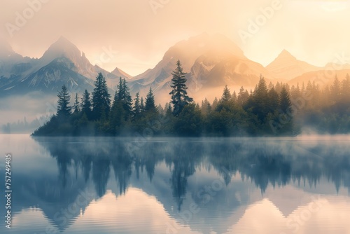 Dreamy landscape of mist, forest, and mountain lake