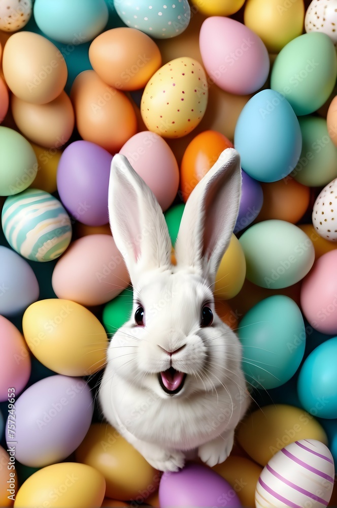 Top view of a white happy smiling real Easter bunny looking in the camera, pastel Easter eggs Top view of a white happy smiling real Easter bunny looking in the camera, pastel Easter eggs