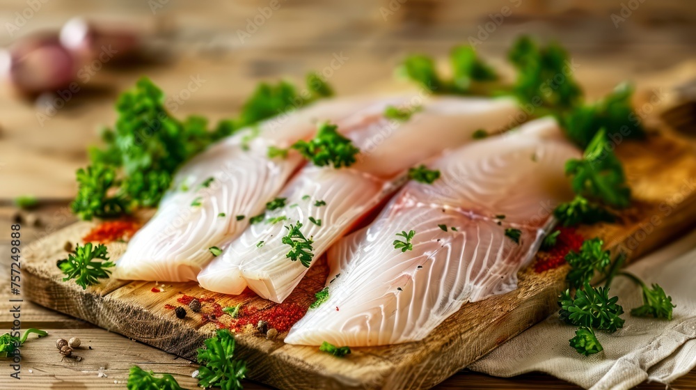 A Pristine Raw Fish Fillet Garnished with Parsley on a Wooden Cutting Board A Pristine Raw Fish Fillet Garnished with Parsley on a Wooden Cutting Board