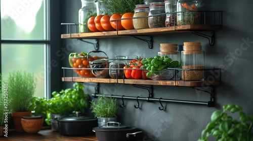 shelves with kitchen utensils interior