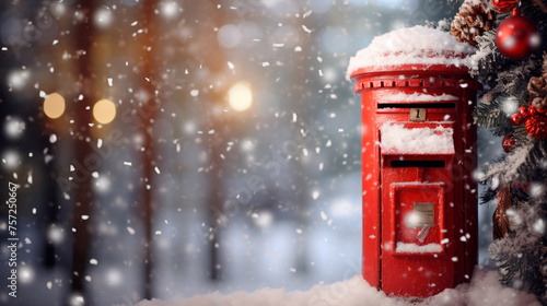 red christmas lantern in snow on winter landscape. © Vahe