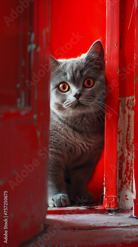 Adorable silver British short hair kitten peaking around the corner with abstract red background.
