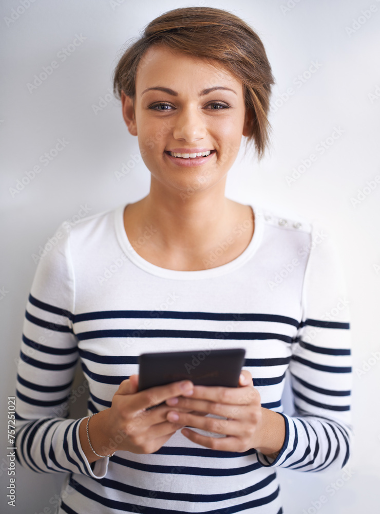 Woman, studio or portrait with tablet, browsing and face for social media or communication. Girl, tech and smile with technology, online connection or internet message isolated on white background Woman, studio or portrait with tablet, browsing and face for social media or communication. Girl, tech and smile with technology, online connection or internet message isolated on white background