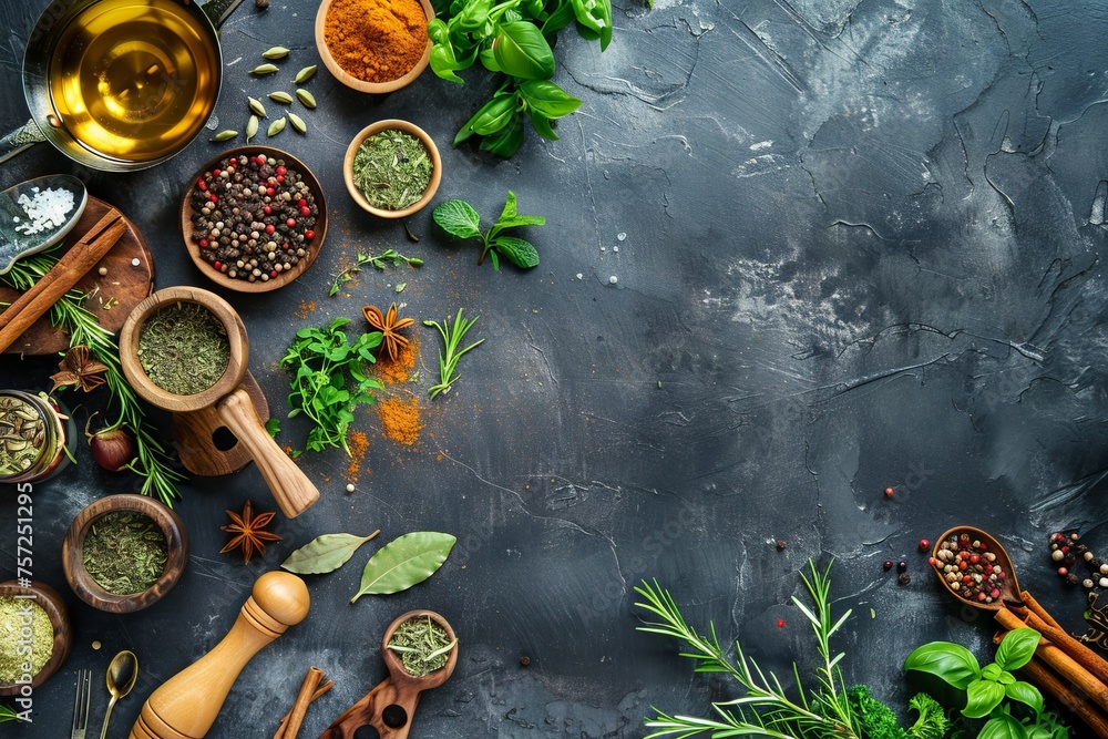 Cooking table with herbs, spices and utensils. Top view with copy space Cooking table with herbs, spices and utensils. Top view with copy space