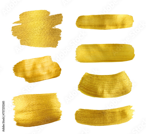Gold paint  textured abstract brushes. Hand drawing gold brush stroke paint spot. foil texture. Golden background © olgamurkot