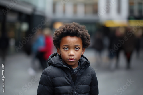 Boy Black in his teens or young talking head shoulders shot bokeh out of focus background on a cosmopolitan western street vox pop website review or questionnaire candid photo