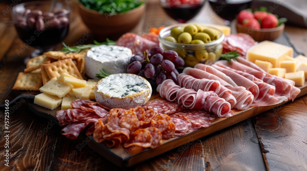 Rustic charcuterie board loaded with a variety of meats, cheeses, and accompaniments on wooden table Rustic charcuterie board loaded with a variety of meats, cheeses, and accompaniments on wooden table