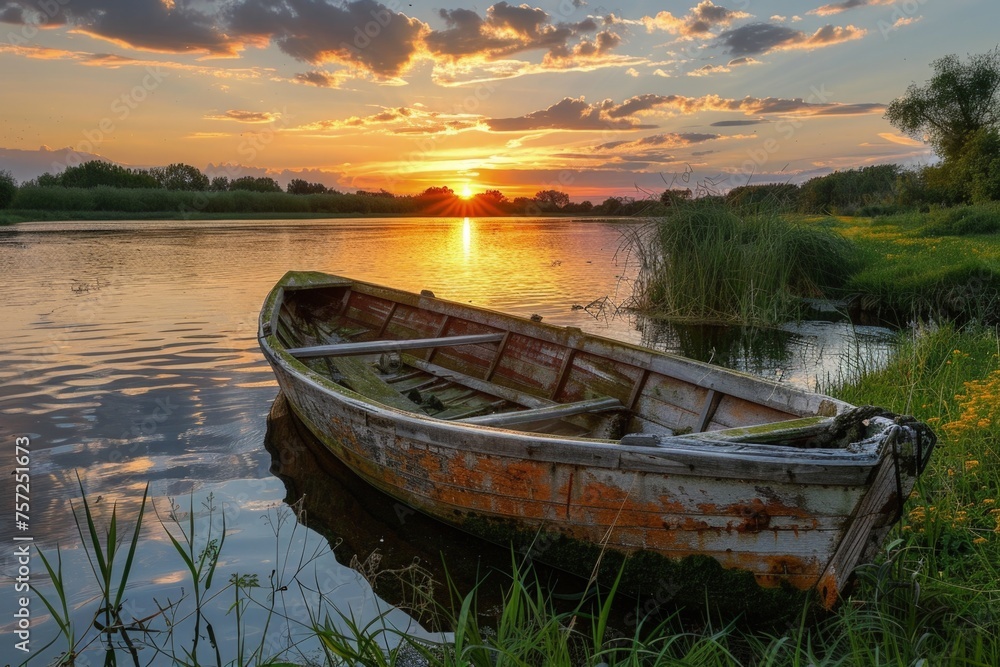 Obraz premium Old wooden boat anchored on the bank of a river, sunset in the background.